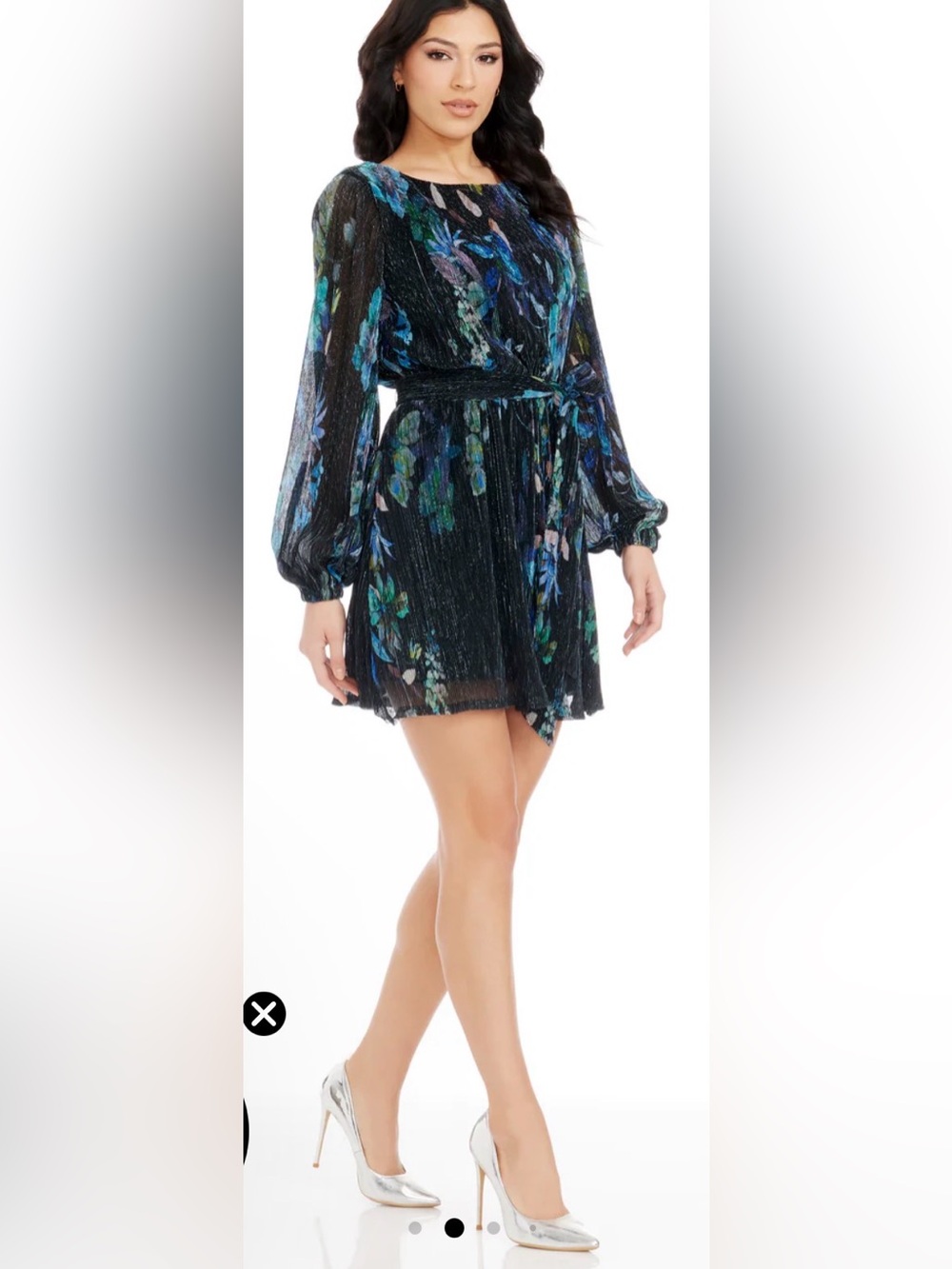 Dress the Population Kirsi Metallic Blue Floral Long Sleeve Minidress.Sz. Small.
